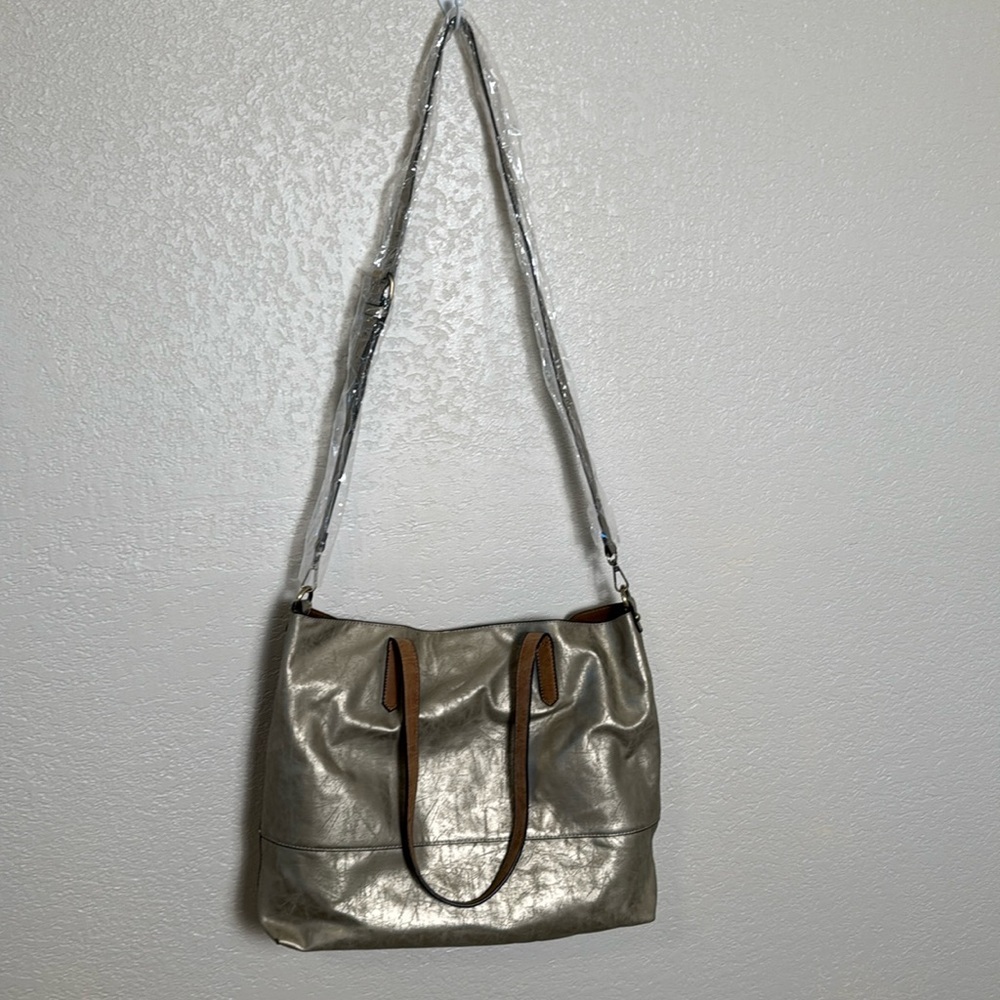 Metallic Champagne Gold Vegan Leather Hobo Tote‎ Crossbody Bag